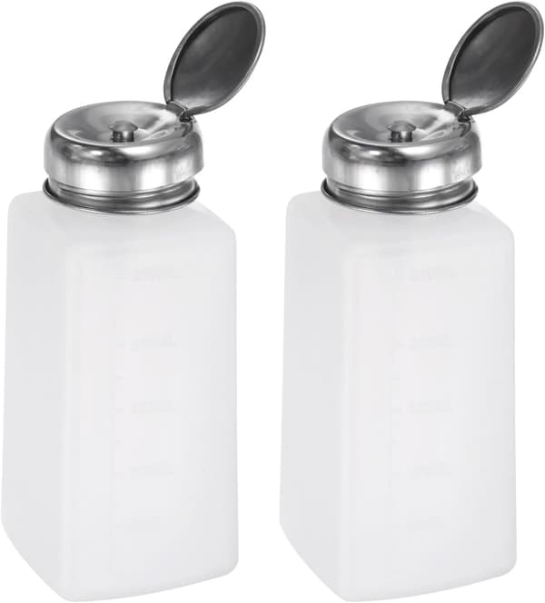 2-pakning 250 ml (8,5 oz) alkohol løsemiddeldispenser push-down væskepumpeflaske med forseglet hette i rustfritt stål for acetonløsning, hvit