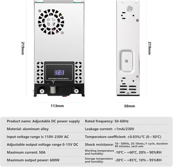 Strømforsyning, AC 230V til DC 12V strømforsyningstransformator for LED-strips, CCTV, datamaskinprosjekter, 3D-printere, 0-15V, 50A, 600W