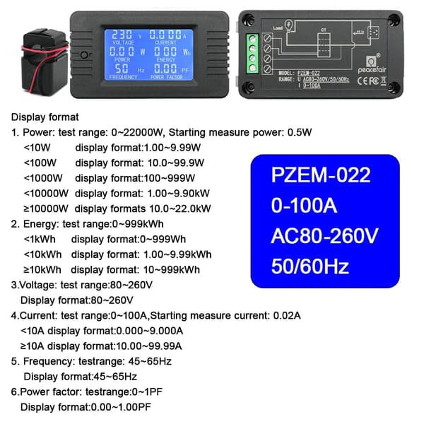 AC 80-260V 100A Strøm Spænding Amperage Effekt Energipanel Måler LCD Digital Display Amperemeter Voltmeter Multimeter med Åben CT