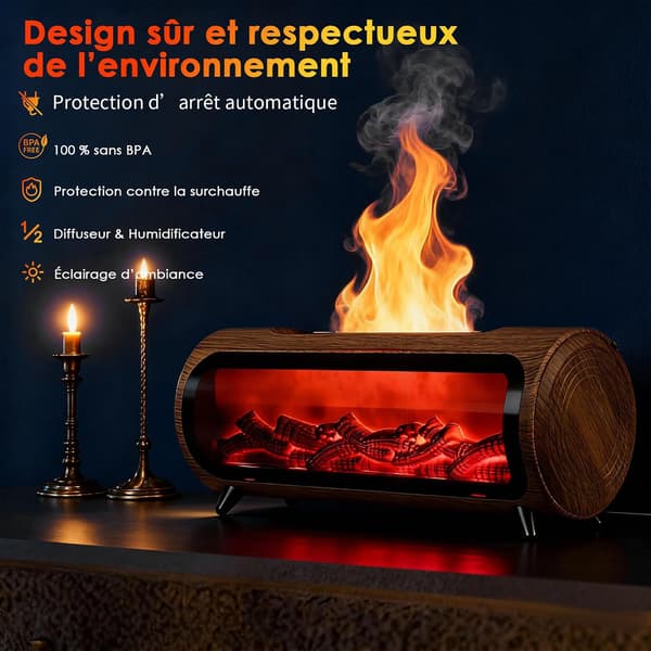 Diffuser til æteriske olier med flamme og LED-skorsten, elektrisk duftdiffuser, ultralydsfugter, aromaterapi-diffuser til hjemmet, yoga