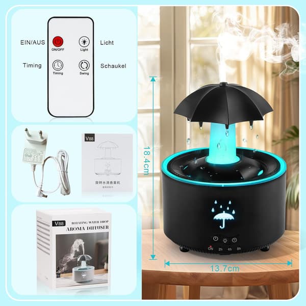 Luftfukter, Roterende Paraplydråpe-luftfukter, 7-farget LED Aromaterapi-diffuser, 300 ml Stor Kapasitet Eterisk Olje-luftfukter med Fjernkontroll