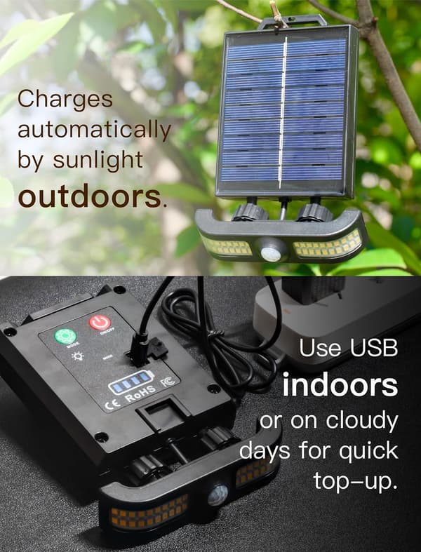 Bevægelsessensor udendørslys, sol- og USB-genopladeligt, 2-pak, IP65, PIR, 3 tilstande, justerbart, bærbart, varm hvid