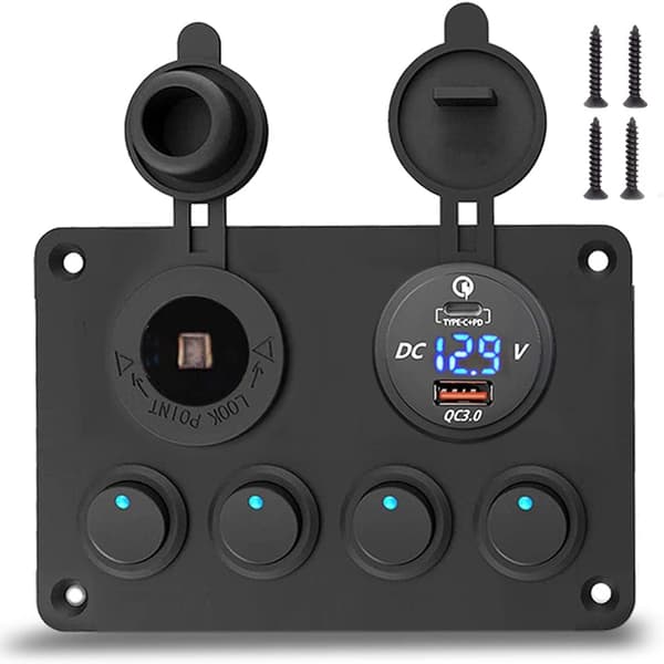 Vippebryterpanel med USB-C, IP65 vanntett aluminiumspanel, tenningskontakt + digitalt voltmeter, 4 integrerte 12V/24V vippebrytere, 15A sikring