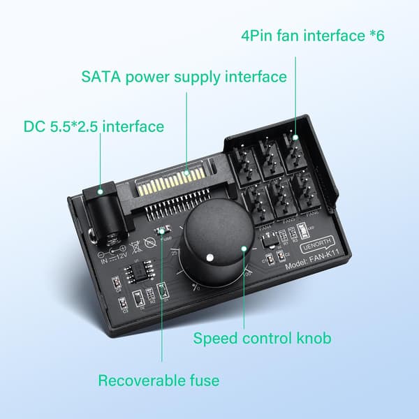 4-stifts PWM-fläktkontrollnav - stöder 6 fläktar, dubbel SATA/DC5525 strömförsörjning, med hastighetskontrollknapp, Max uteffekt 60W 5A
