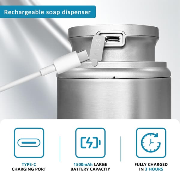 400ML Automatisk såpedispenser, rustfritt stål med sensor, infrarød såpedispenser, bevegelsessensor, USB-C-lading, elektrisk, for kjøkken og bad