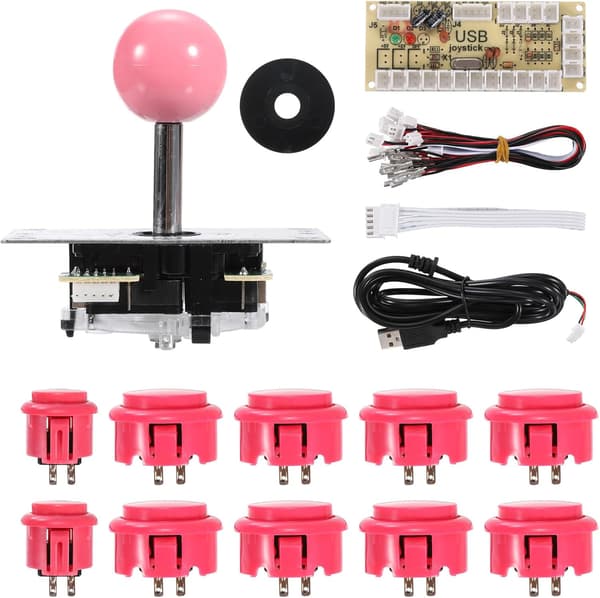 Gør-det-selv PC Joystick-sæt til arkadespil, Gør-det-selv Joystick-dele, 5-bens ABS Arkadeknap til klassisk PC Arkade, Pink