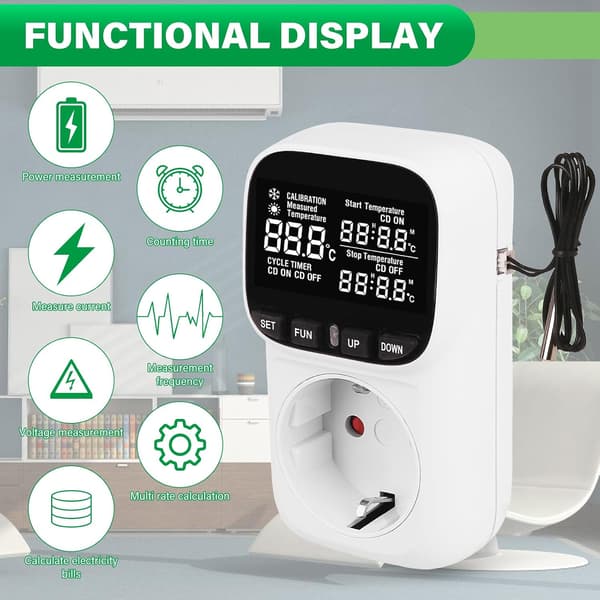 Termostatplugg, digital temperaturkontroller, 230V plugg, med sensor og probe, LCD-skjerm, fuktighetskontroller, oppvarming/kjøling, temperaturbryter