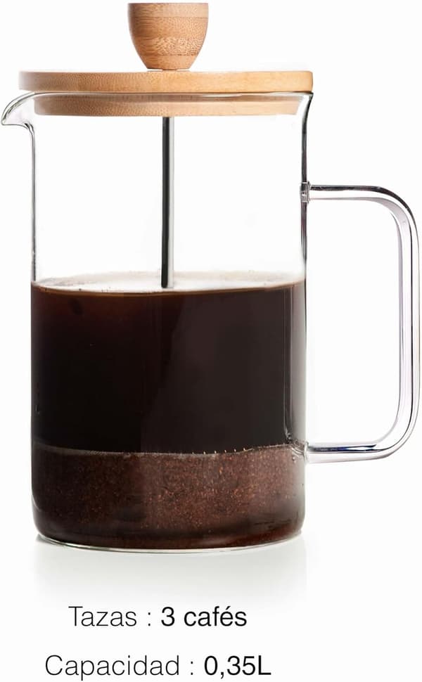 Fransk Stempelkande i Træ, Stempelkande, Filter i Rustfrit Stål, 8 Kopper, Rustfrit Stål og Bambustræ, 350 ml