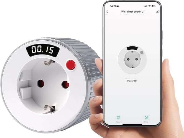 WiFi Smartplugg, Nedtellingstimerplugg fra 1 minutt til 24 timer, Timerplugg, Programmerbar Elektrisk Plugg med Timer, 3680W 16A for Hvitevarer