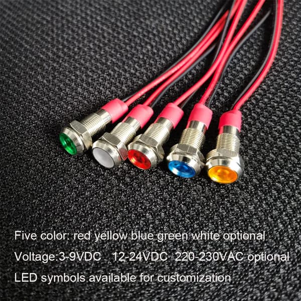 8 stk 6 mm LED-indikatorlys 220-230V Vanntett metallpanel LED-indikatorlys Panelmontert flatt hode med ledninger Sølvfarget hus, blå