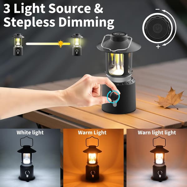 LED Campinglykt, 8000mAh Oppladbare Campinglys med 3 Lysmoduser, Vanntett og Støtsikker Teltlys, Batterilykt, Svart