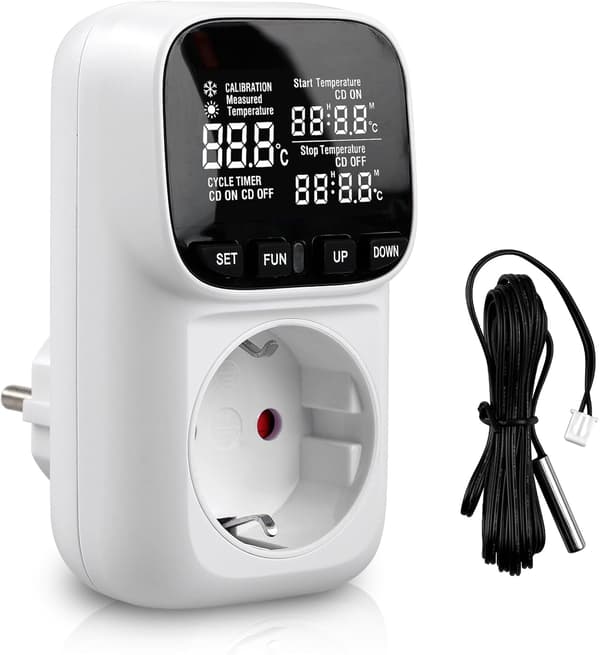 Termostatplugg, digital temperaturkontroller, 230V plugg, med sensor og probe, LCD-skjerm, fuktighetskontroller, oppvarming/kjøling, temperaturbryter