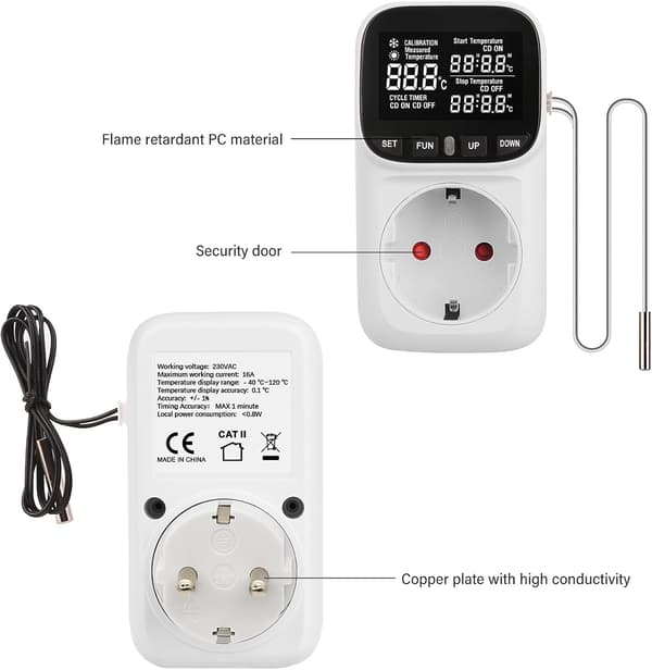 Termostatplugg, digital temperaturkontroller, 230V plugg, med sensor og probe, LCD-skjerm, fuktighetskontroller, oppvarming/kjøling, temperaturbryter