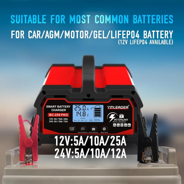 25A 12V/24V 12A Smart Bilbatterioplader, LCD Biloplader, Batterivedligeholder til AGM, Motorcykel, Plæneklipper
