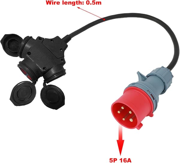 CEE 16A 400V til 3 x 230V strømadapter - 5 x 2,5 mm gummikabel - IP44 splitter - MENTUC1062
