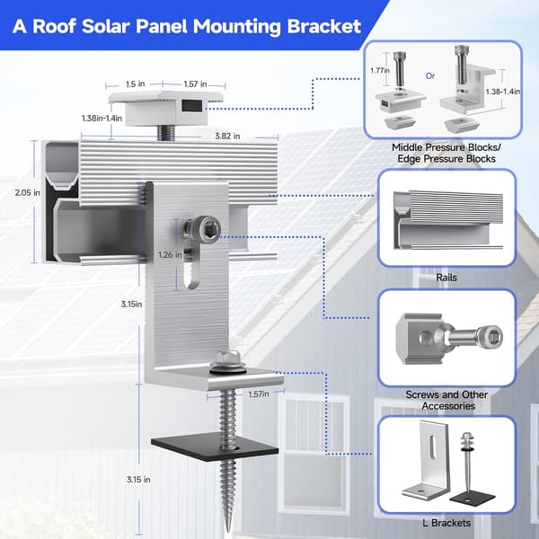 Monteringssett for solcellepaneler, 10-delt solcelletakmonteringssett for 1-4 paneler, aluminiumslegeringsbrakett for flat takmontering