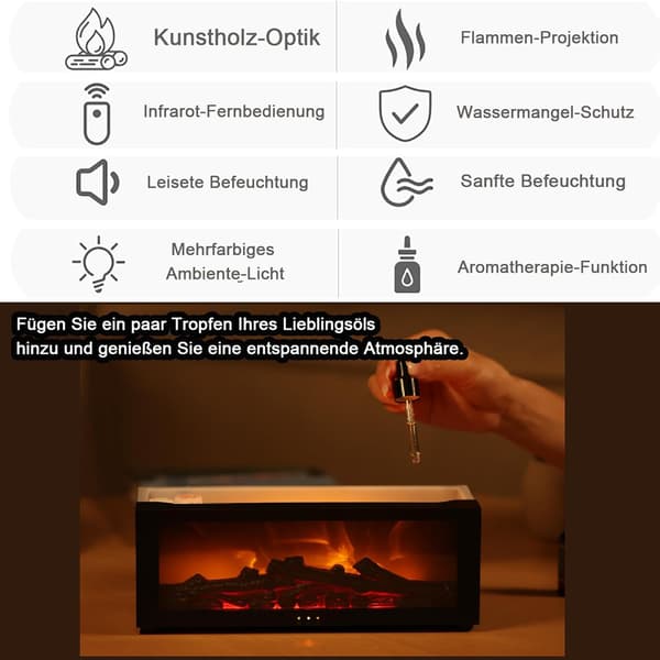 Æterisk Olie Diffuser med Pejs Design, 180 ml Aroma Diffuser med Flammeeffekt, Lys med 7 Farveskift, Æterisk Olie Diffuser, Luftfugter