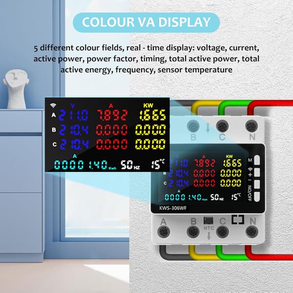 WiFi trefase strømmåler, 80A 220V AC smart strømmåler, beskyttelse mot strømbrudd/underspenning/overstrøm/overeffekt osv.