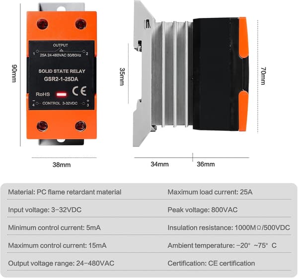 Solid State Relay, GSR2-1 SSR-25DA Enfas DC-kontroll AC Solid State Relay DIN-skenmontering med kylfläns för industriell automation, 25DA