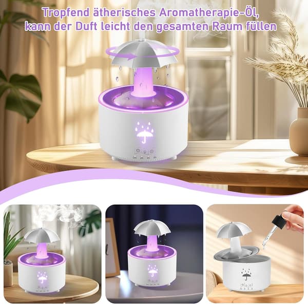 Luftfukter, Roterende Paraplydråpe-luftfukter, 7-farget LED Aromaterapi-diffuser, 300 ml Stor Kapasitet Eterisk Olje-luftfukter med Fjernkontroll
