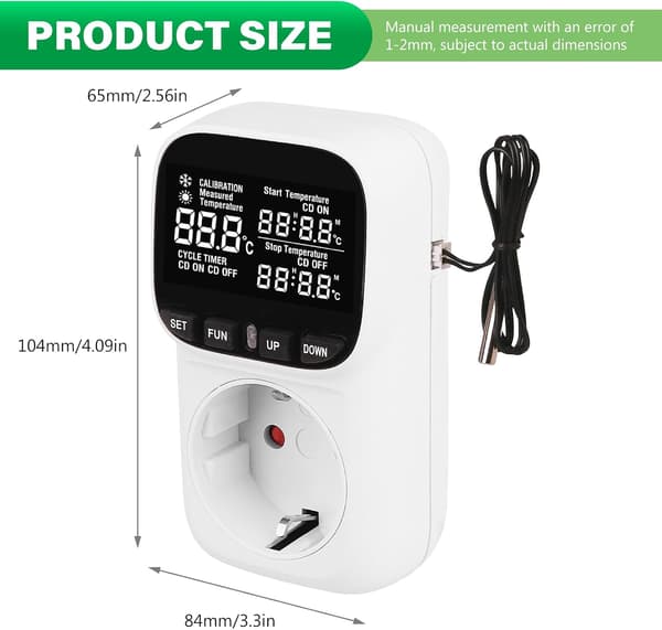 Termostatplugg, digital temperaturkontroller, 230V plugg, med sensor og probe, LCD-skjerm, fuktighetskontroller, oppvarming/kjøling, temperaturbryter