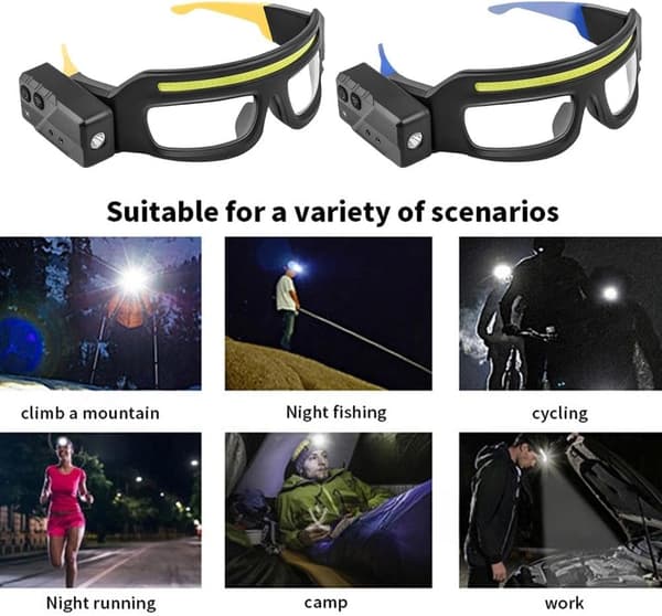 Oppladbare LED-hodelyktbriller - Bevegelsessensor og berøringskontroll, 5 moduser, USB-C opplyste briller, 350-500lm, IPX4 vanntett for løping, camping