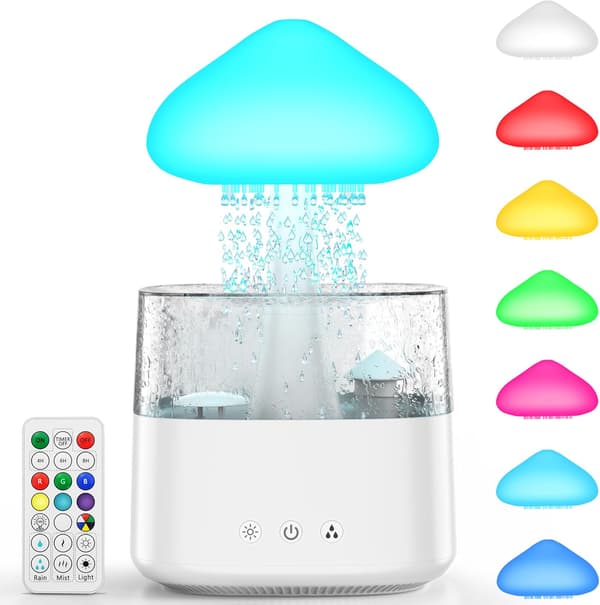 450 ml luftfukter, vanndråpe-luftfukter med fjernkontroll, 3 moduser og 7 farger, LED-lys aroma diffuser, støyende hvit regndråpe-luftfukter for soverom
