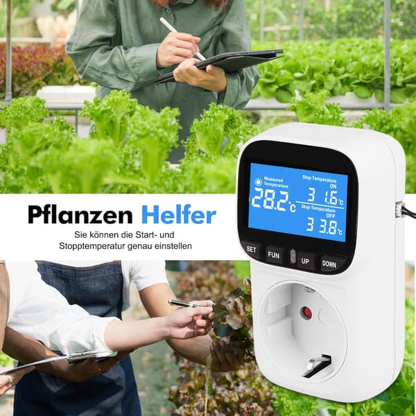 230V Digital Plug-in Termostat med Probe, Varme- og Køletemperaturregulator, Timer og Temperaturalarm til Drivhus, Akvarium, Terrarium