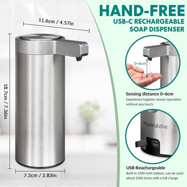 Automatisk sæbedispenser i rustfrit stål, 270 ml, med sensor, IPX5 vandtæt infrarød sæbedispenser, USB-C, velegnet til køkken og badeværelse