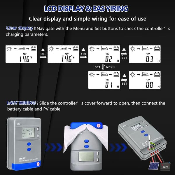 MPPT Solar Charge Controller, Automatisk Batteriregulator, LCD-display, MAX 1040W-5200W PV Panel Input til AGM, Gel, Flooded, 40A-12V/24V