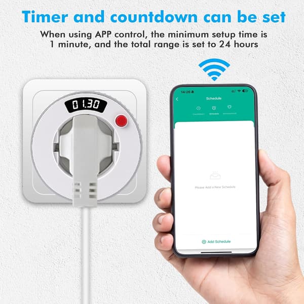 WiFi Smartplugg, Nedtellingstimerplugg fra 1 minutt til 24 timer, Timerplugg, Programmerbar Elektrisk Plugg med Timer, 3680W 16A for Hvitevarer