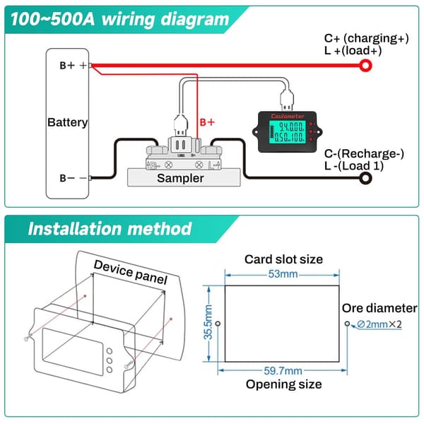 100A Battericontroller 12V 24V 36V 48V Batterimonitor 8-120V Universal Batteriammeter Lithium Batterispænding Strøm Rent Kobber + 2m USB-kabel