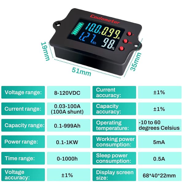 100A Battericontroller 12V 24V 36V 48V Batterimonitor 8-120V Universal Lithium Batterispænding Amperemeter Ren Kobberstrøm + 2m USB-kabel (farveskærm)