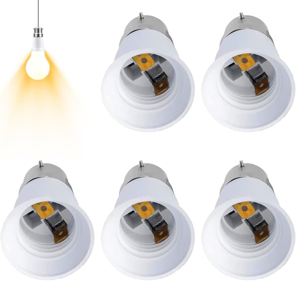 5-pakning B22 til E27-adapter, skrubajonettpære-adapter, egnet for LED-, gløde- og CFL-pærer