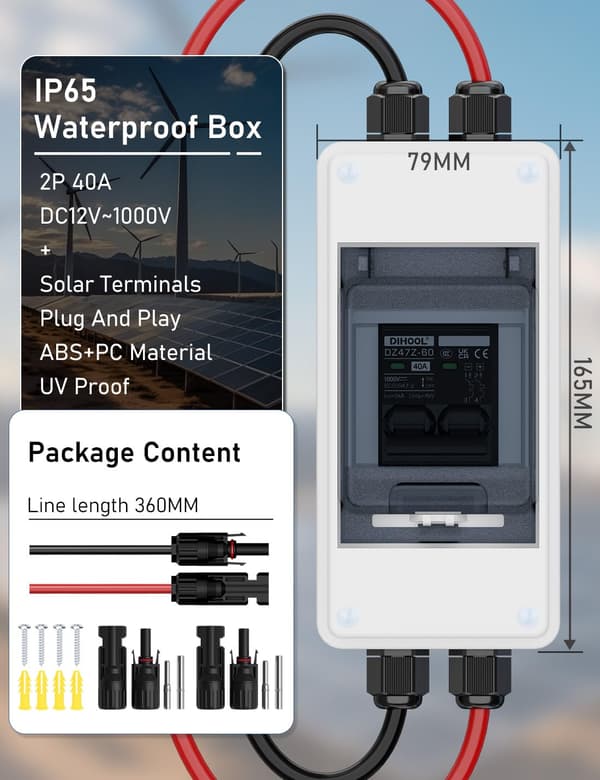 40A 1000V DC solcelleisolatorbryter, IP65 vanntett med forlengelseskabel, batterifrakoblingsbryter for solcellepaneler