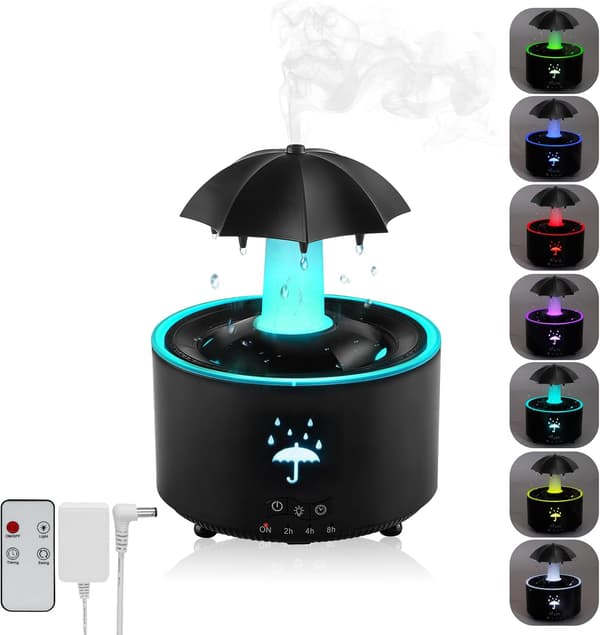 Luftfukter, Roterende Paraplydråpe-luftfukter, 7-farget LED Aromaterapi-diffuser, 300 ml Stor Kapasitet Eterisk Olje-luftfukter med Fjernkontroll