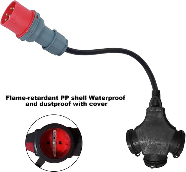 CEE 16A 400V til 3 x 230V strømadapter - 5 x 2,5 mm gummikabel - IP44 splitter - MENTUC1062