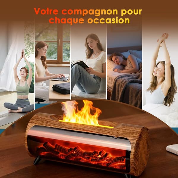 Diffuser til æteriske olier med flamme og LED-skorsten, elektrisk duftdiffuser, ultralydsfugter, aromaterapi-diffuser til hjemmet, yoga