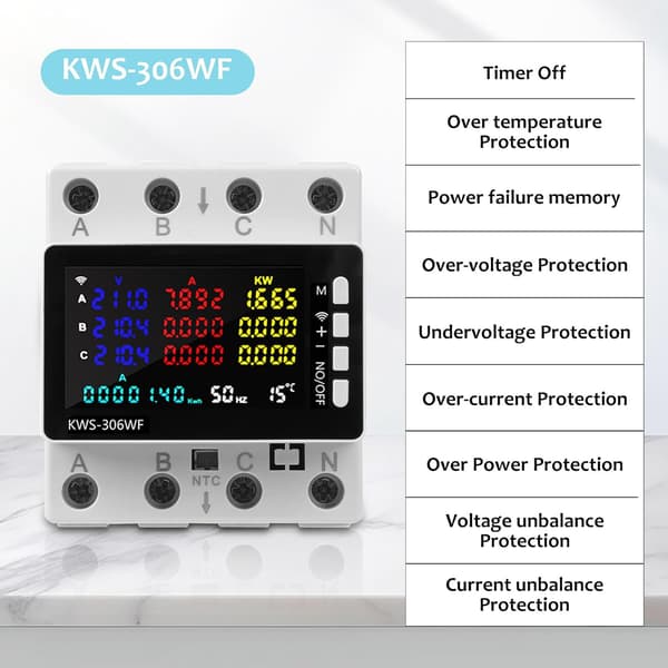 WiFi trefaset elmåler, 80A 220V AC Smart elektrisk strømmåler, beskyttelse mod strømsvigt/underspænding/overstrøm/overeffekt osv.