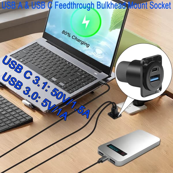 USB 3.0 och USB C Panelmonteringsadapter 3.1 - Fastmonterad USB A och USB C Hona till Hona Panelmonterad Data Laddningskontakt för XLR/D-typ