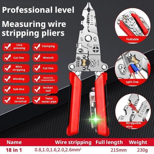 12-i-1 Sammenfoldelig Kabelstripper med Elektricitetsmålefunktion, 8-tommer Multifunktionel Professionel Elektrikertang, Kabelstripper Center Split