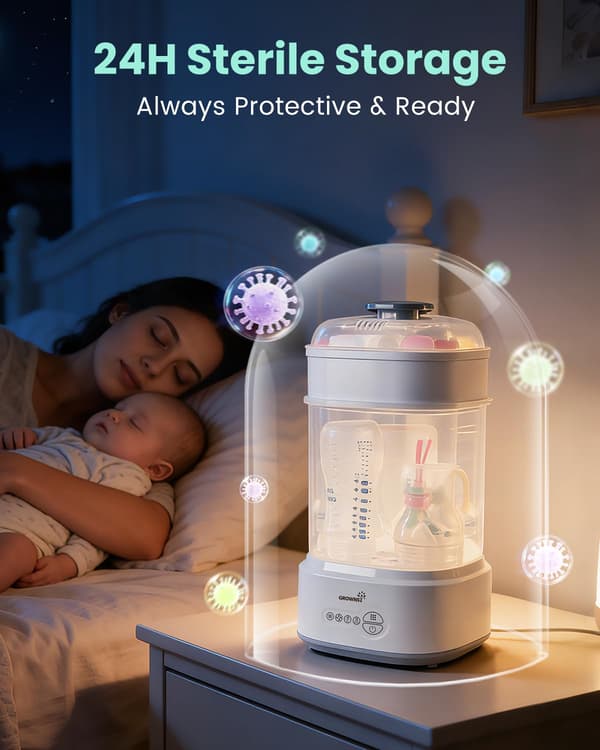 Nappflasksterilisator med torkfunktion, kompakt elektrisk ångsterilisator för nappflaskor, nappar och bröstpumpsdelar