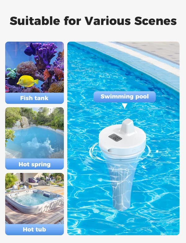 Digitalt pooltermometer med LCD-skærm, trådløst pooltermometer, IPX8 vandtæt temperaturmåler til boblebade, isbade, akvarier, fisketanke