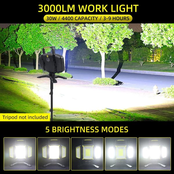 Magnetisk lys, bærbar LED-arbeidslampe med 5 moduser, oppladbart batteri, 3000 lumen, gul, vanntett