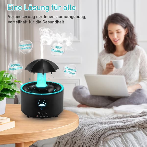 Luftfukter, Roterende Paraplydråpe-luftfukter, 7-farget LED Aromaterapi-diffuser, 300 ml Stor Kapasitet Eterisk Olje-luftfukter med Fjernkontroll