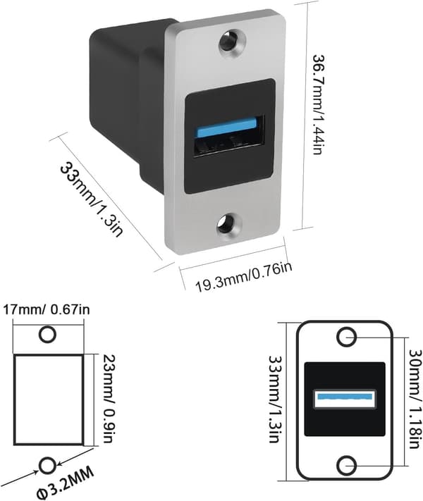 5 Gbps USB 3.0 rektangulær metallpaneladapter USB 3.0 hunn til hunn panelmonteringskontakt USB 3.0 monteringskontakt datamodul 5V/0.5A lading