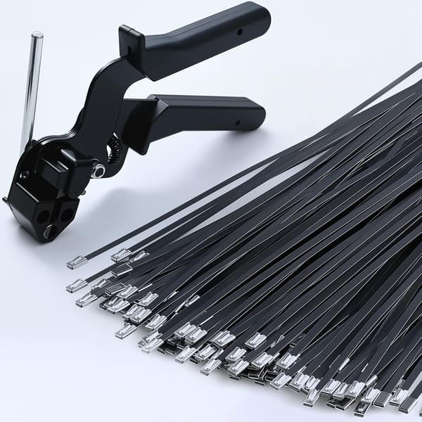 Sorte metalstrips med bindeværktøj i rustfrit stål til fastgørelse og klipning af strips, UV-resistent stål, 100 stk.