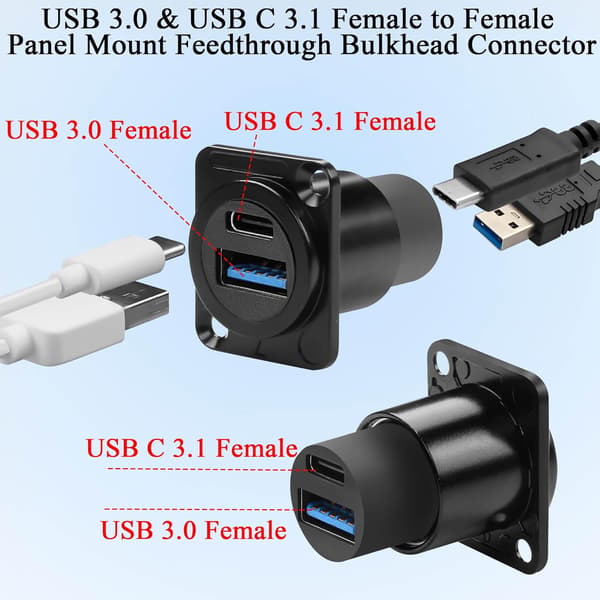 USB 3.0 og USB C Panelmonteringsadapter 3.1 - Fastmonteret USB A og USB C Hun til Hun Panelmonterings Dataopladningsstik til XLR/D Type