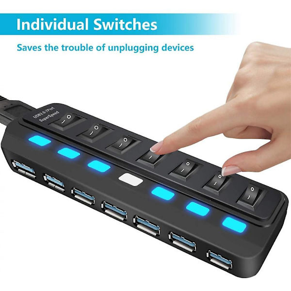 USB Hub 3.0 7 Port Data Hub USB Splitter med individuell
