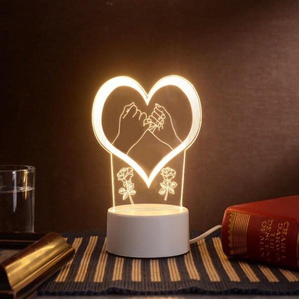 3D tecknad nattlampa, led sänglampa DIY akrylpresent White hold hands